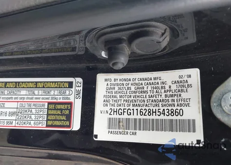 2008 Honda Civic Lx from USA, damaged, VIN 2HGFG11628H543860